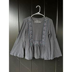 LOFT Striped Embroidered Peplum Blouse Women’s Medium Bell Sleeve Boho Top